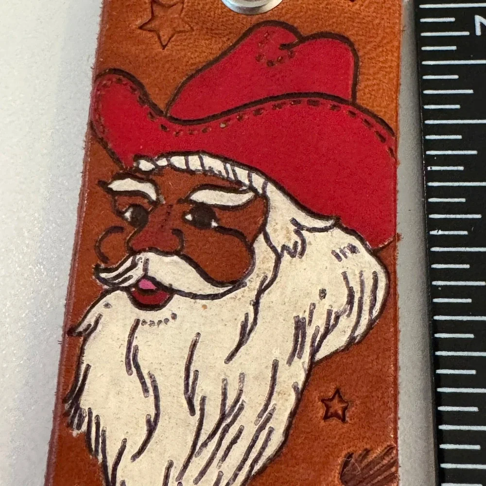 Hand Painted Leather Cowboy Santa‎ Claus Keychain Unique Western Holiday Charm